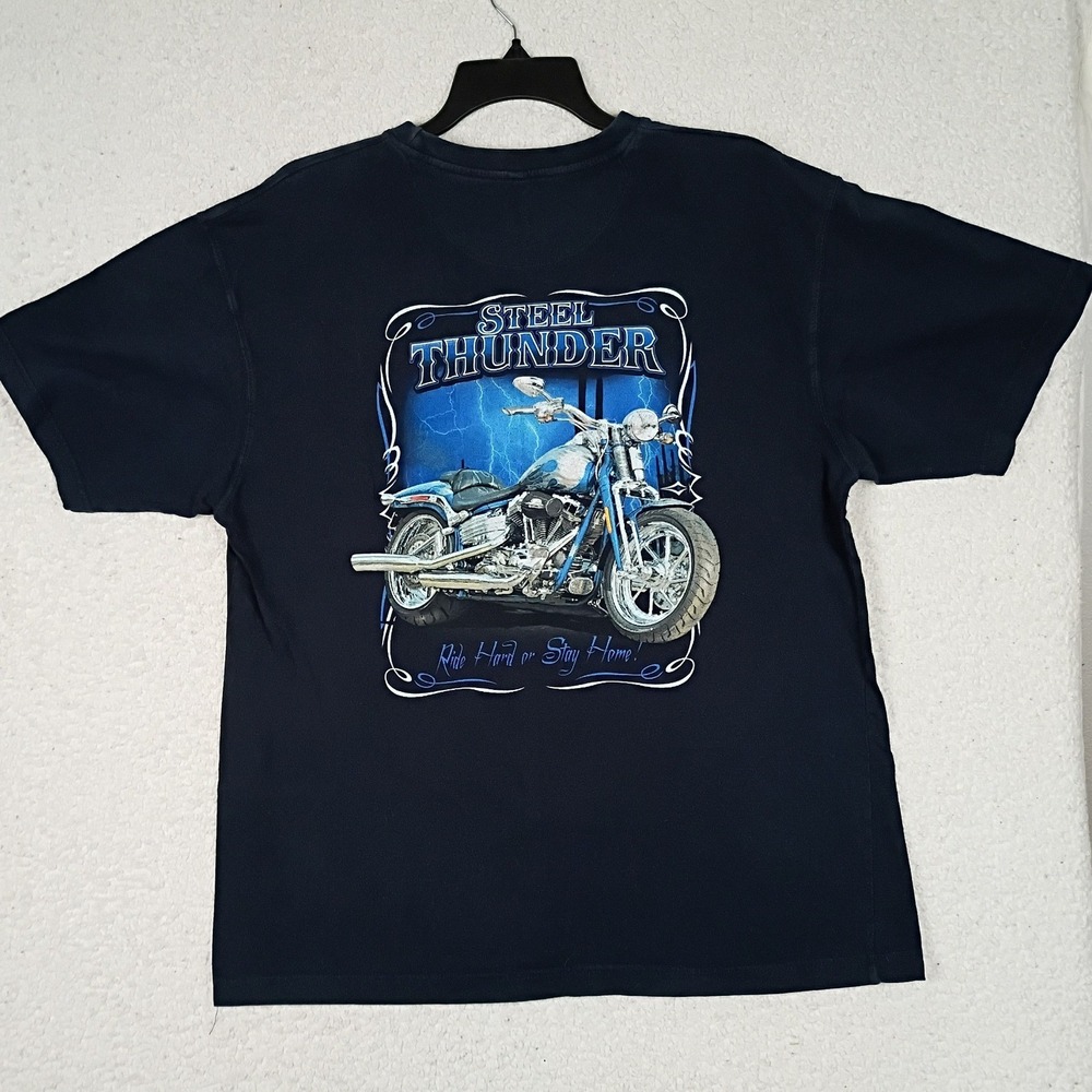 Newport‎ Blue Graphic T-Shirt Mens XL Black Steel Thunder Biker Short Sleeve